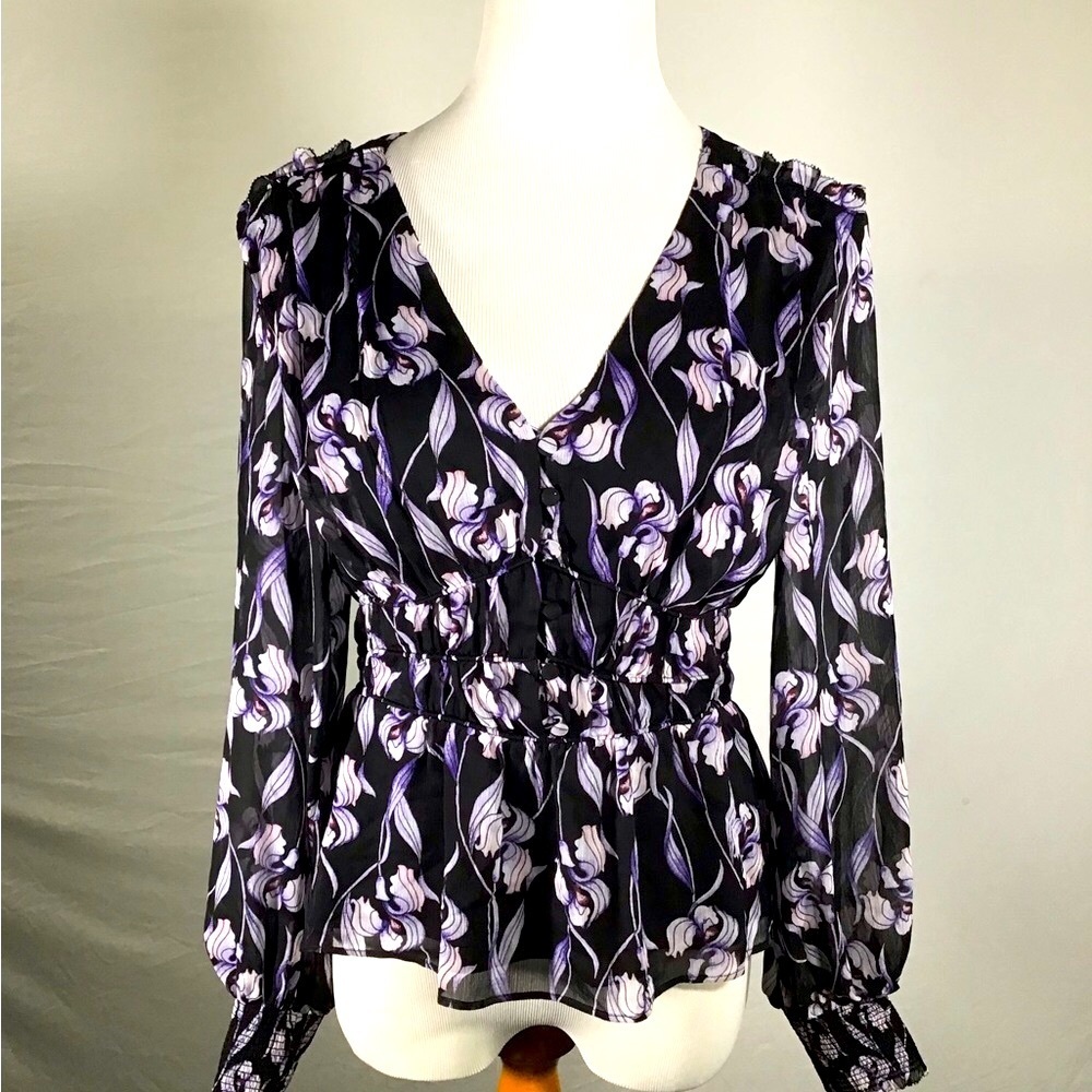 Iris print White House Black Market peplum blouse gathered waist